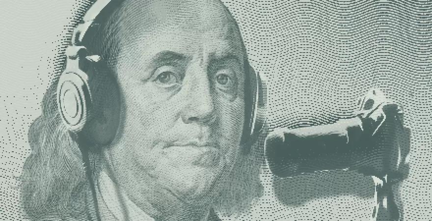Benjamin Franklin wearing headphones and speaking into a podcast mic.