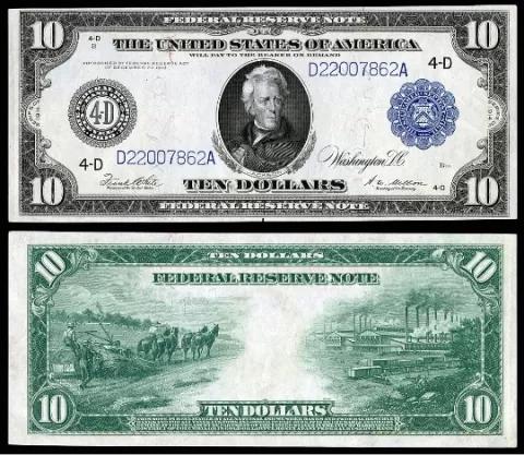 A $10 Federal Reserve Note depicting Andrew Jackson with the signatures of White (Treasurer of the U.S.) and Mellon (Treasury Secretary). 