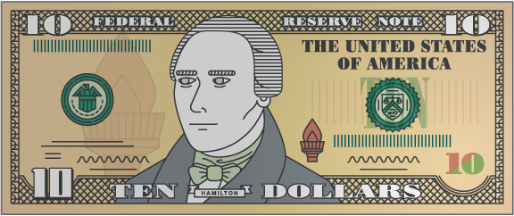 $10 bill with magnifying glass over numeral 10 on right side of bill